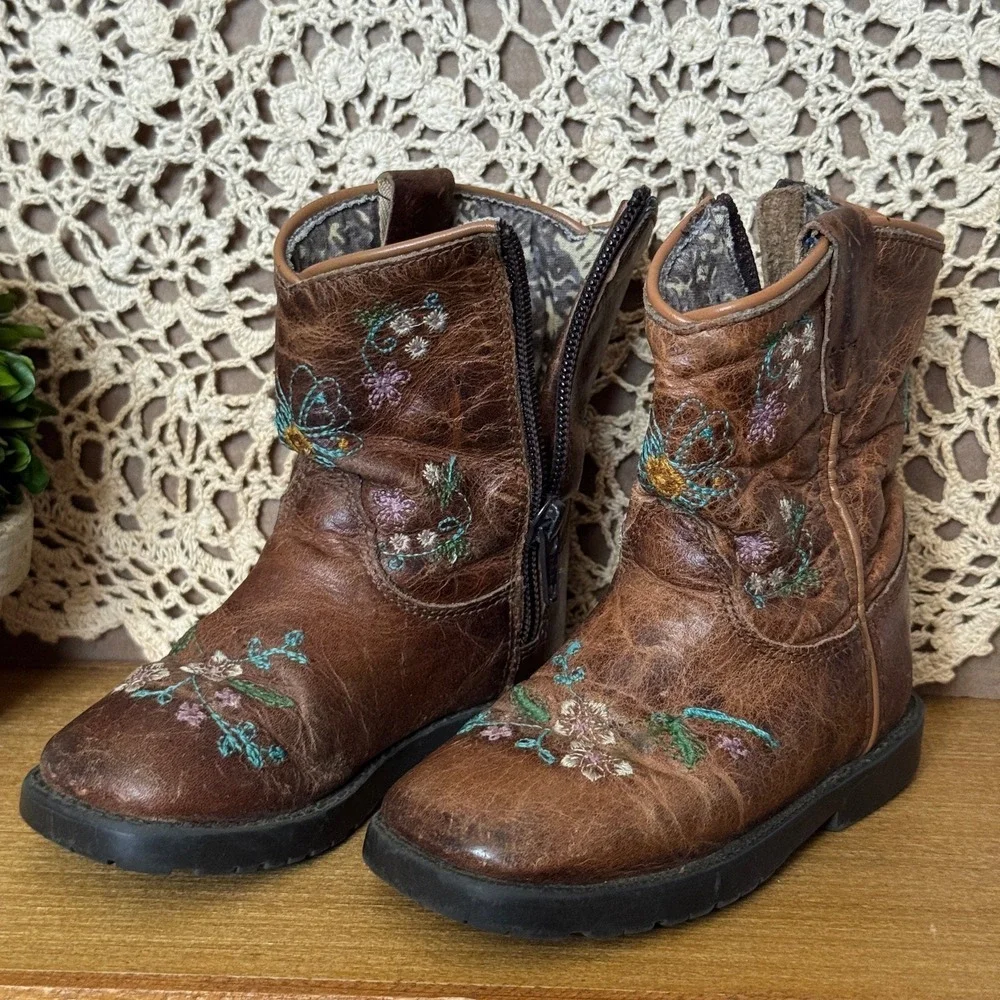 Shyanne Girls Cowboy Boots Square Toe Embroidered Flowers Brown‎ Size 7D Western